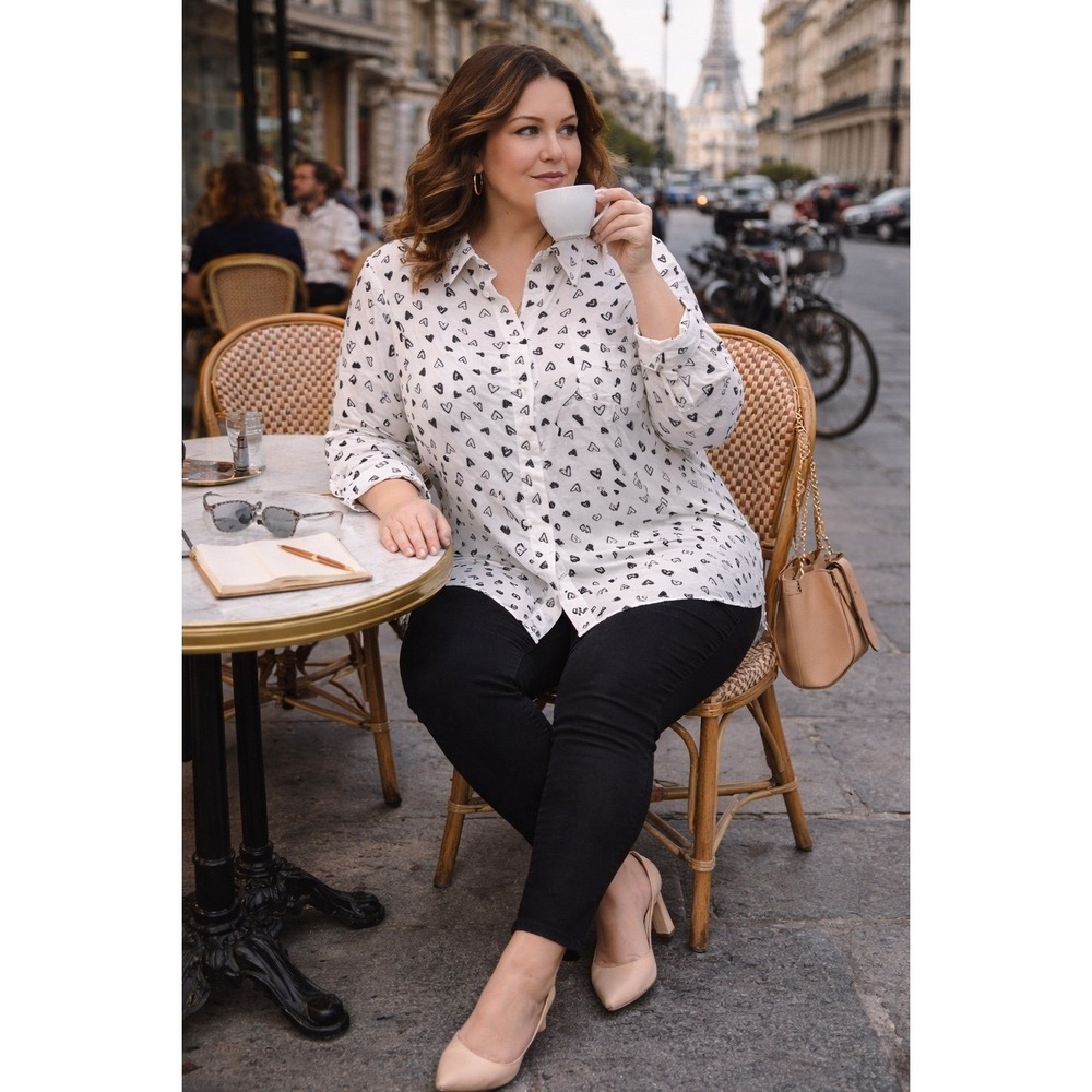 Lane Bryant Heart Print Button Down Blouse 22/24 White Black Plus Size